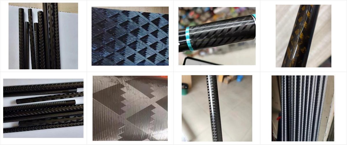 Carbon fiber weave pattern samples — twill, plain, cross and jacquard weaves